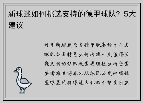 新球迷如何挑选支持的德甲球队？5大建议