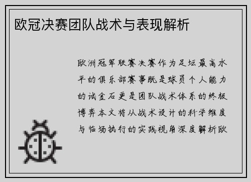 欧冠决赛团队战术与表现解析